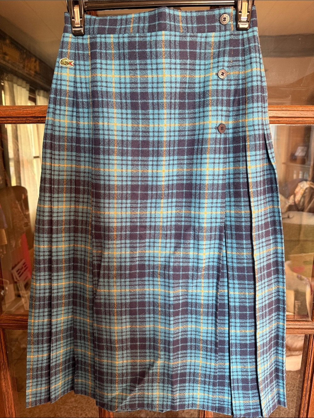 Vintage Chemise Lacoste Blue Plaid Pleated Midi Skirt Made in France Size 38